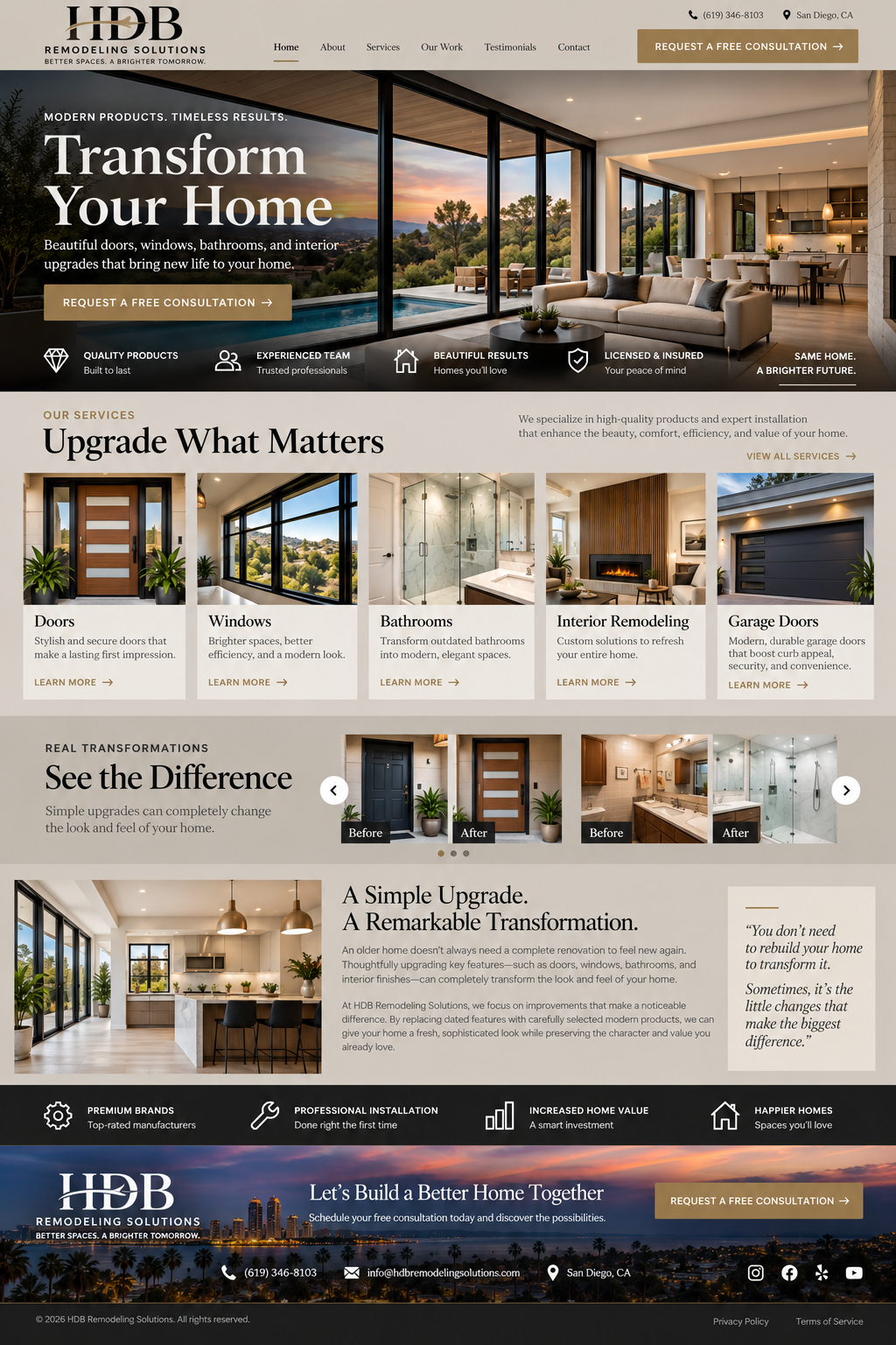 HDB Remodeling Solutions website featuring modern doors, windows, bathrooms, interior remodeling and garage doors